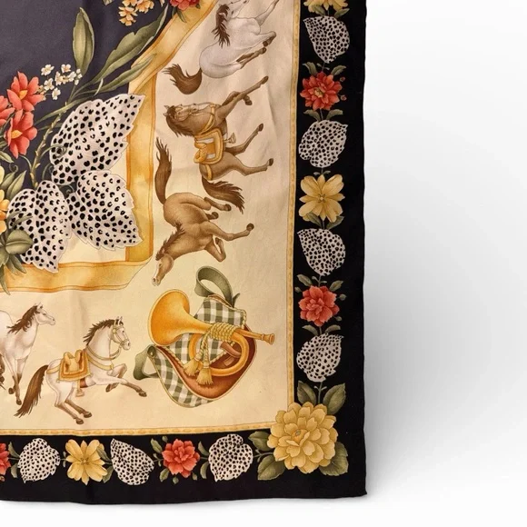 Vintage Salvatore Ferragamo Silk Scarf | Equestrian Floral Print | 34” x 34” - Picture 2 of 6